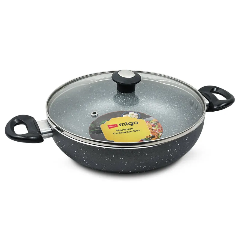 MIGO MKP 24 Non Stick Aluminium Kadai Pan with Glass Lid | Induction Base | Heatproof Handles | PFOA-Free | Heat-Resistant Exterior Paint