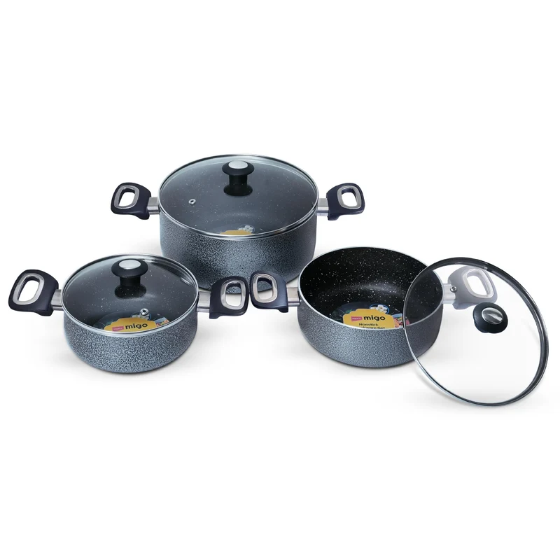 MIGO Non-Stick Granite Casserole Set 6 Pcs | 4.7L, 3L & 2L | Induction Compatible | Glass Lids