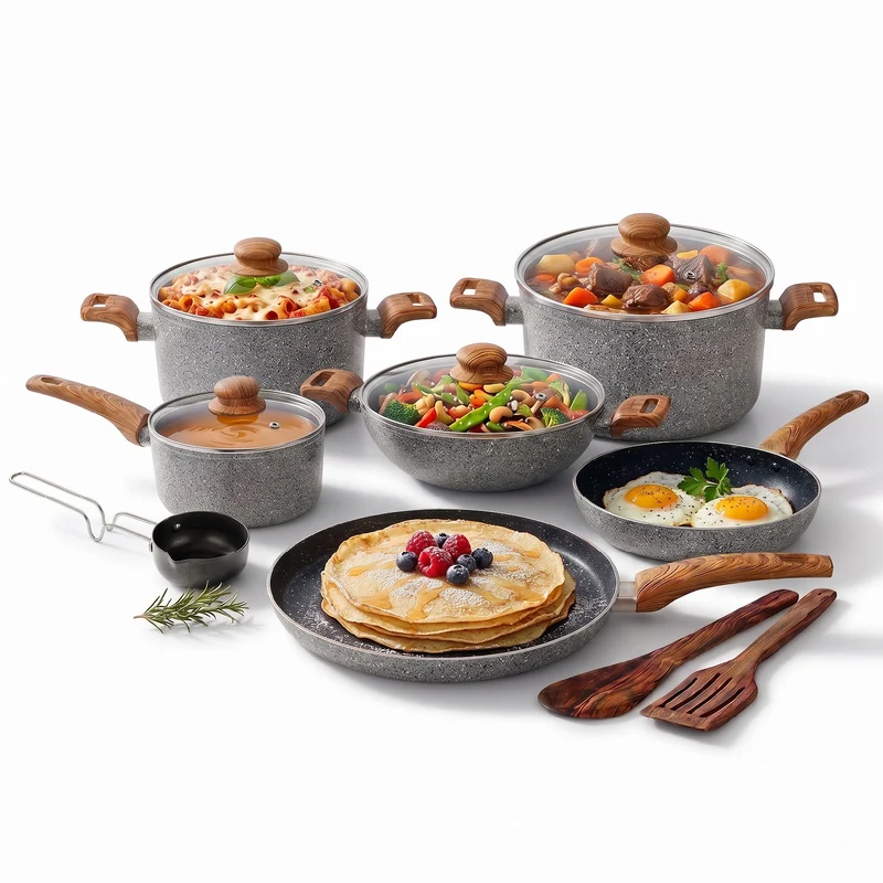 EON Forged 13 pcs Nonstick Cookware Set FKTSM | Granite Coating | Gas & Induction Compatible | Wooden Handles | 1 Year Warranty