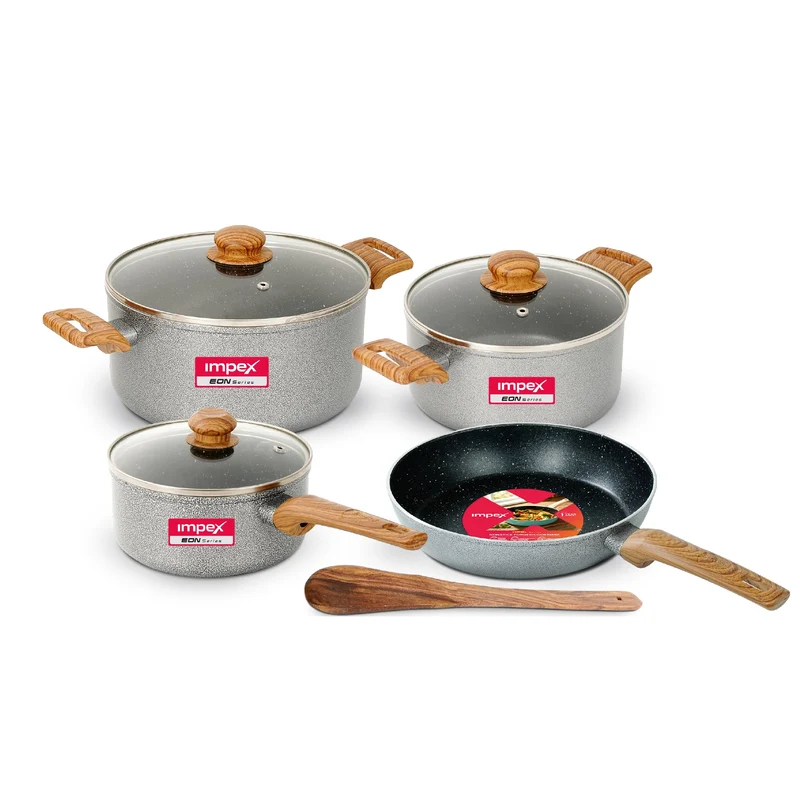 EON Forged 8 Pcs Set NCB Nonstick Cookware Set (Grey Hammertone) | Granite Coating | Gas & Induction Compatible | Wooden Handles | Wine Red | 1 Year Warranty