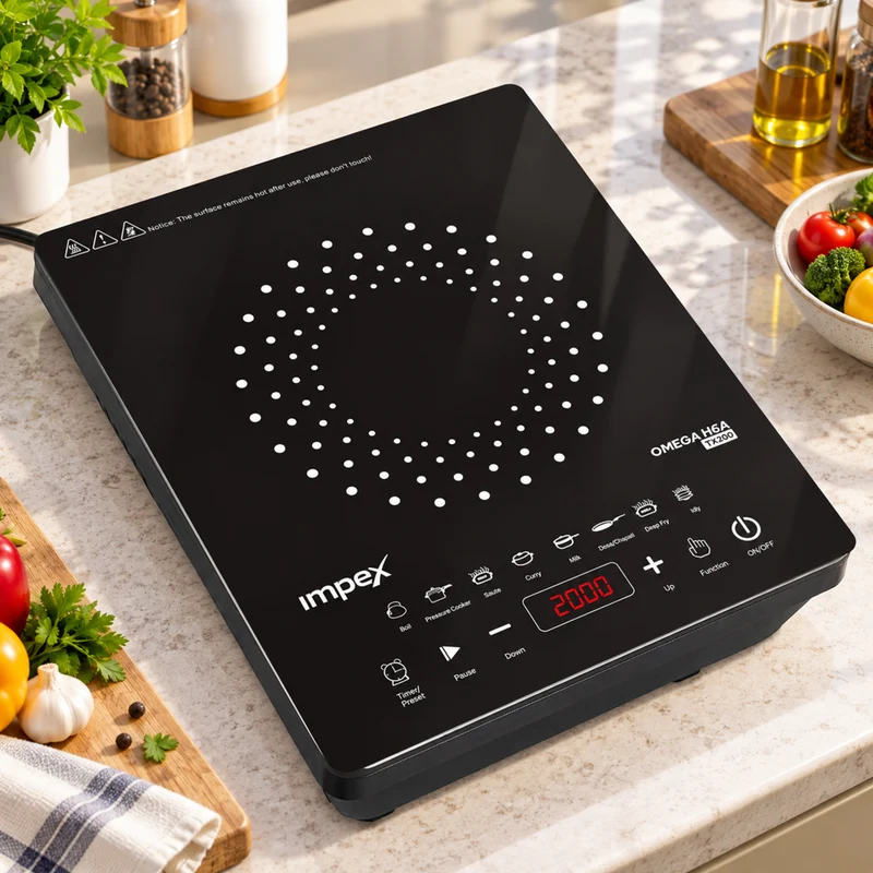 OMEGA H6A TX200 2000W Induction Cooktop | Crystalline Glass Top | 8 Pre-Programmed Cooking Modes | Easy Touch Control | 4-Digit LED Display | Overheat Protection | Auto Shut-Off | 1 Year Warranty