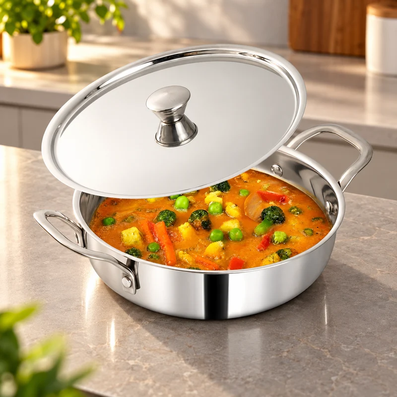 MIGO Stainless Steel Triply Kadai | Uniform & Quick Heating | Non-Rustic Material | Kadai 24 cm with Lid 2.9 Litre