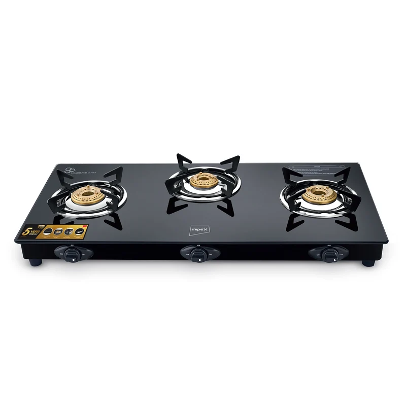 Aspira Ador 3B Glasstop Gas Stove | 3 Brass Burners | Toughened Black Glass | ISI Certified | 2+5 Year Warranty