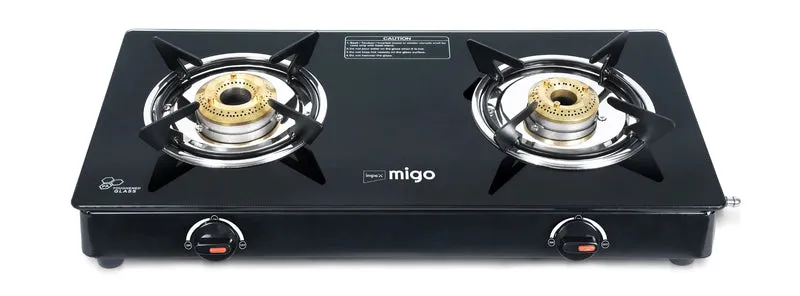 MIGO Linea 2 Burner Glass Top Gas Stove | 6mm Toughened Glass | Mild Steel Body | Manual Ignition | Open Burners | ISI Certified | 1 Year Warranty