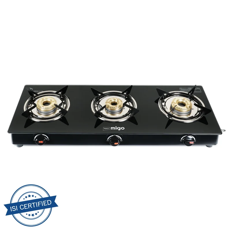 LINEA 3B 3 Burner Gas Stove | 6mm Toughened Glass Top | Manual Ignition | ISI Certified | 1-Year Warranty