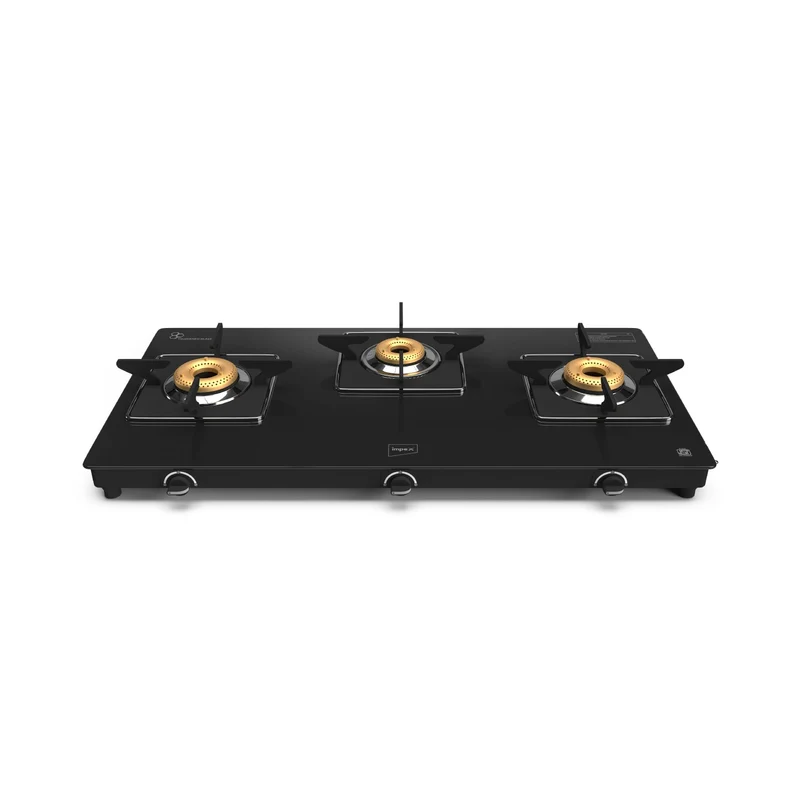 Impex Aspira Glaze 3 Burner Glass Top Gas Stove | 2 Jumbo + 1 Brass Burner | Stainless Steel Spill Base | Blue Flame | 68% Thermal Efficiency | 2 Year Warranty