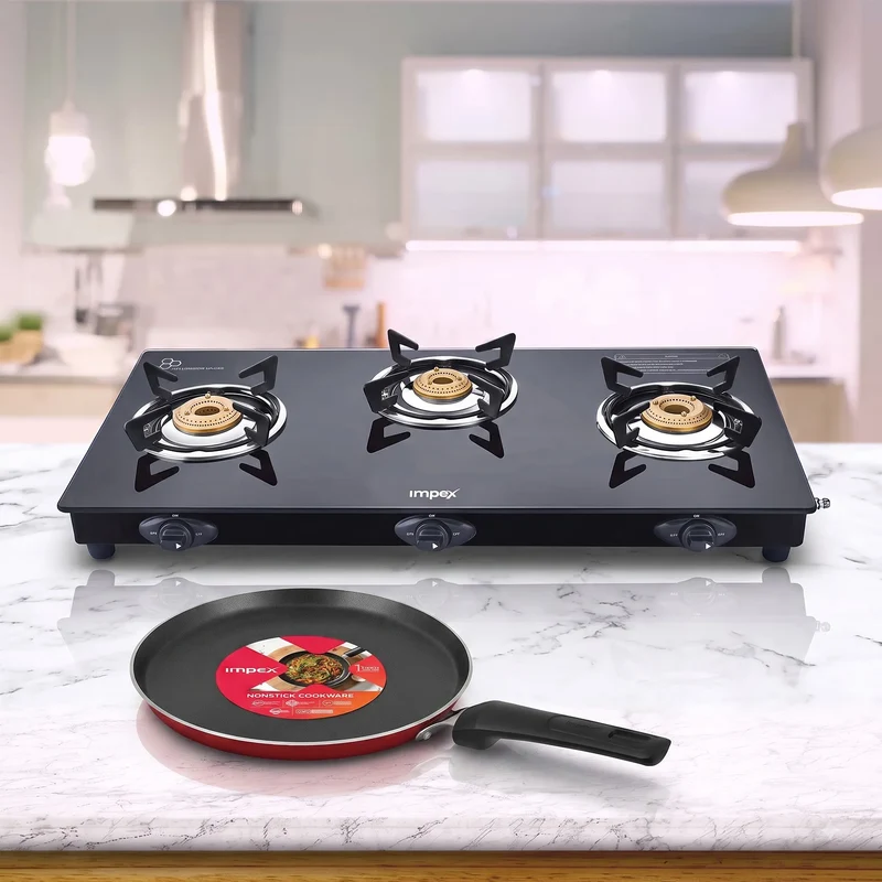 Hot Deal Combo - 3 Burner Glass Top Gas Stove + Non Stick Pan