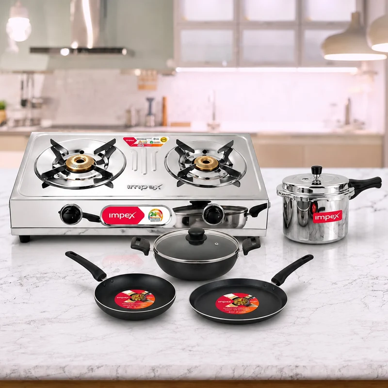 Super Saver Combo - 2 Burner Gas Stove + 3L Pressure Cooker + 4 Piece Non Stick Cookware Set